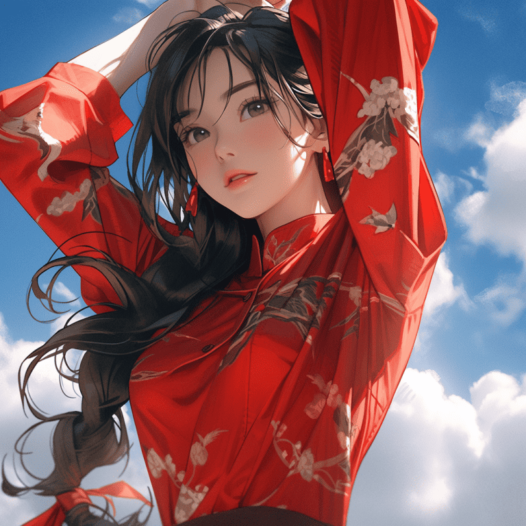 赤いブラウスの女性
